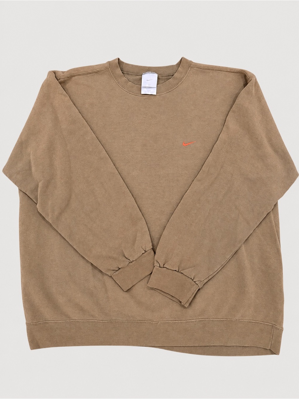 Nike Men’s Tan Crewneck Sweatshirt with Small Orange Swoosh